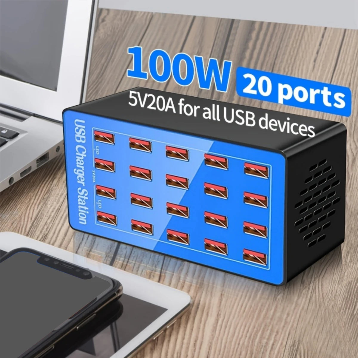 USB Charger Station 20-Port 100W Multiple Charging Station Multi Ports USB Charger Charging for Smartphones,Tablets, USB Devices