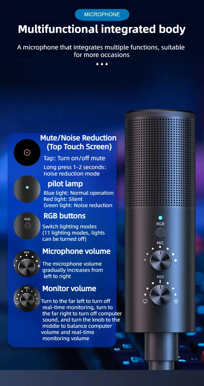 Gaming USB Microphone,Noise Cancellation Condenser mic,RGB Microphone with Mute,Gain,Monitoring,Boom Arm,Pop Filter for Phone,PC