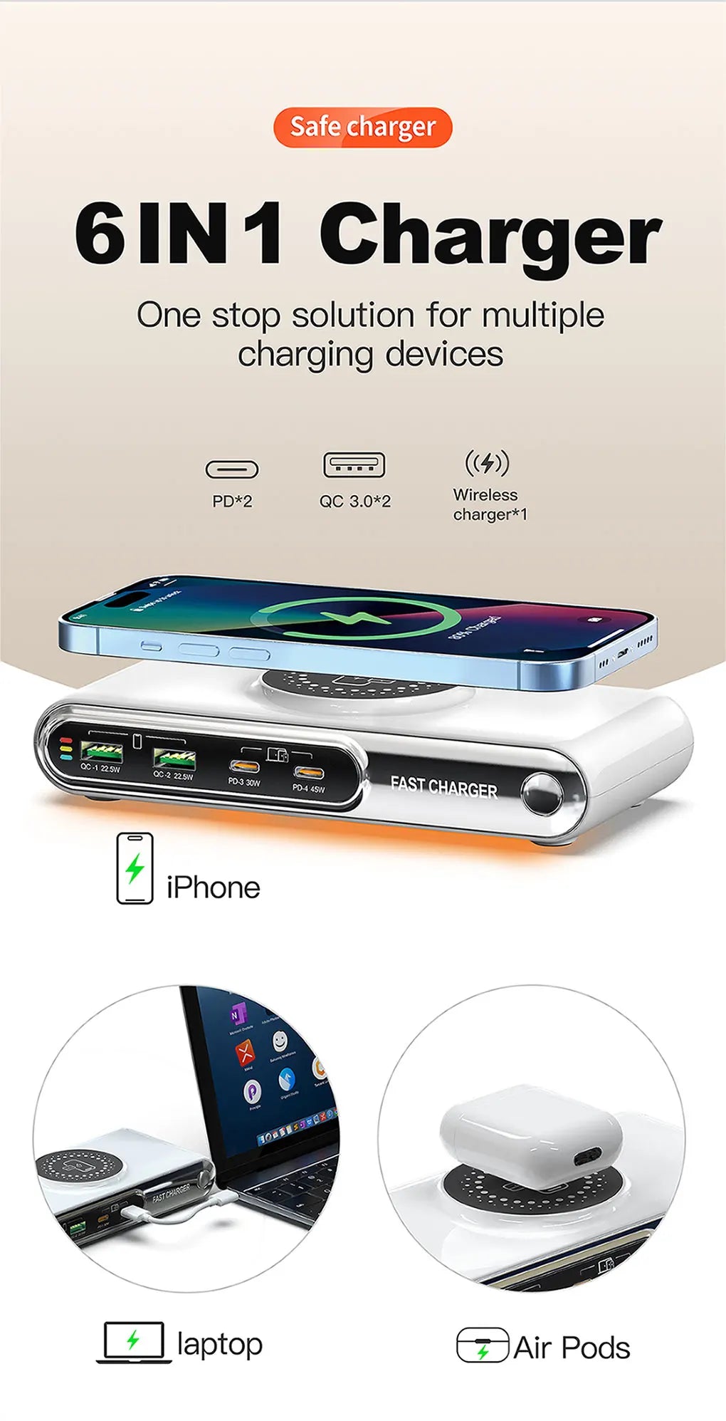 New 72W Multifunction Charger Wireless Charger 4-Port PD+QC USB Type-C Quick Charger Home Travel Office Convenient