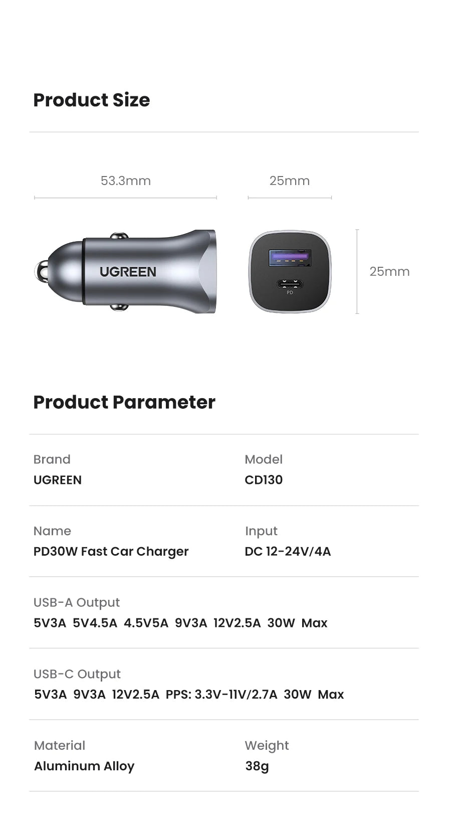 UGREEN Car Charger Type C Fast USB Charger for iPhone 15 14 13 Xiaomi Car Charging Quick 4.0 3.0 Charge Mobile Phone PD Charger
