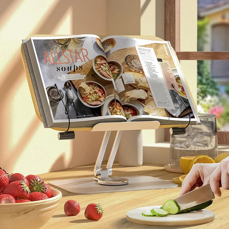 Desktop Book Stand for Reading with 360° Rotating Base Wooden Panel & Page Clips Foldable and Angle for Reading Book Holder