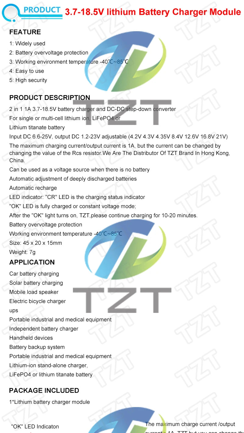 TZT DD28CRTA 1A 3.7-18.5V Charging Board For Lithium Batteries Or Lithium Battery Packs Battery Charger Module