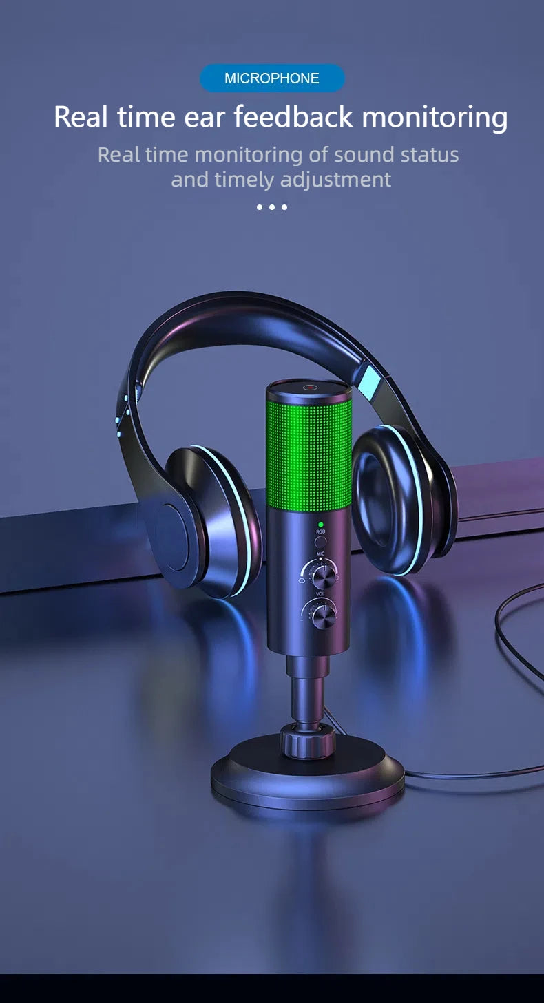 Gaming USB Microphone,Noise Cancellation Condenser mic,RGB Microphone with Mute,Gain,Monitoring,Boom Arm,Pop Filter for Phone,PC