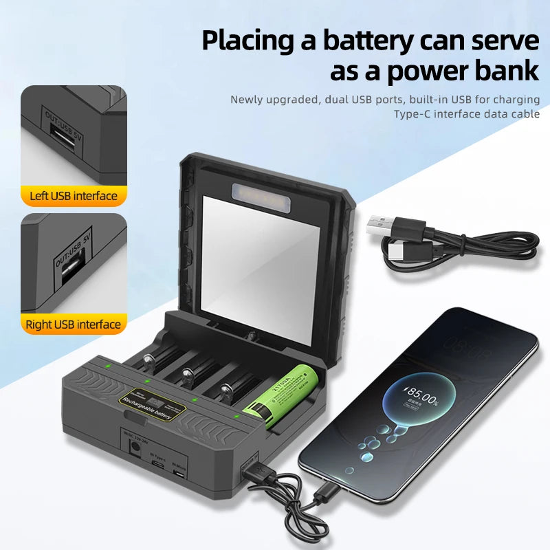 Solar Power Generation Solar Lithium Battery Smart Charger Type-C USB Four-Slot for 3.7V 18650/26650/21700/14500 Batteries