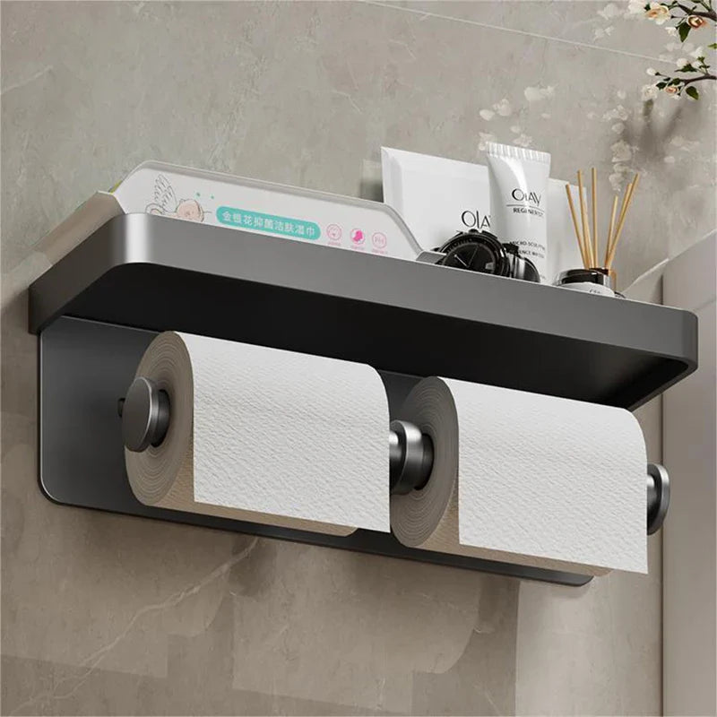 Aluminum Alloy Wall-Mounted Toilet Paper Holder with Shelf - Smallenterprised