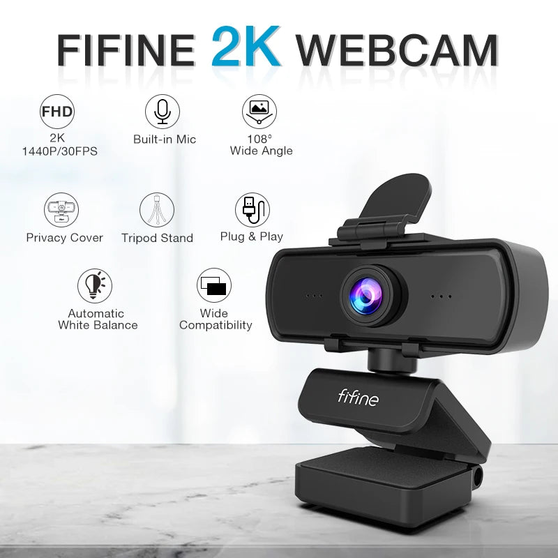 FIFINE 1440p Full HD PC Webcam with Microphone, tripod, for USB Desktop & Laptop,Live Streaming Webcam for Video Calling-K420 - Small Enterprise