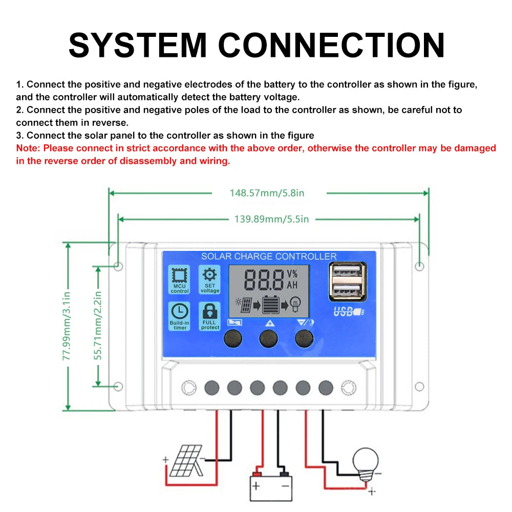 Solar Charge Controller 12V 24V PWM 10A 20A 30A Solar Panel Battery Regulator LCD Display Dual USB Output