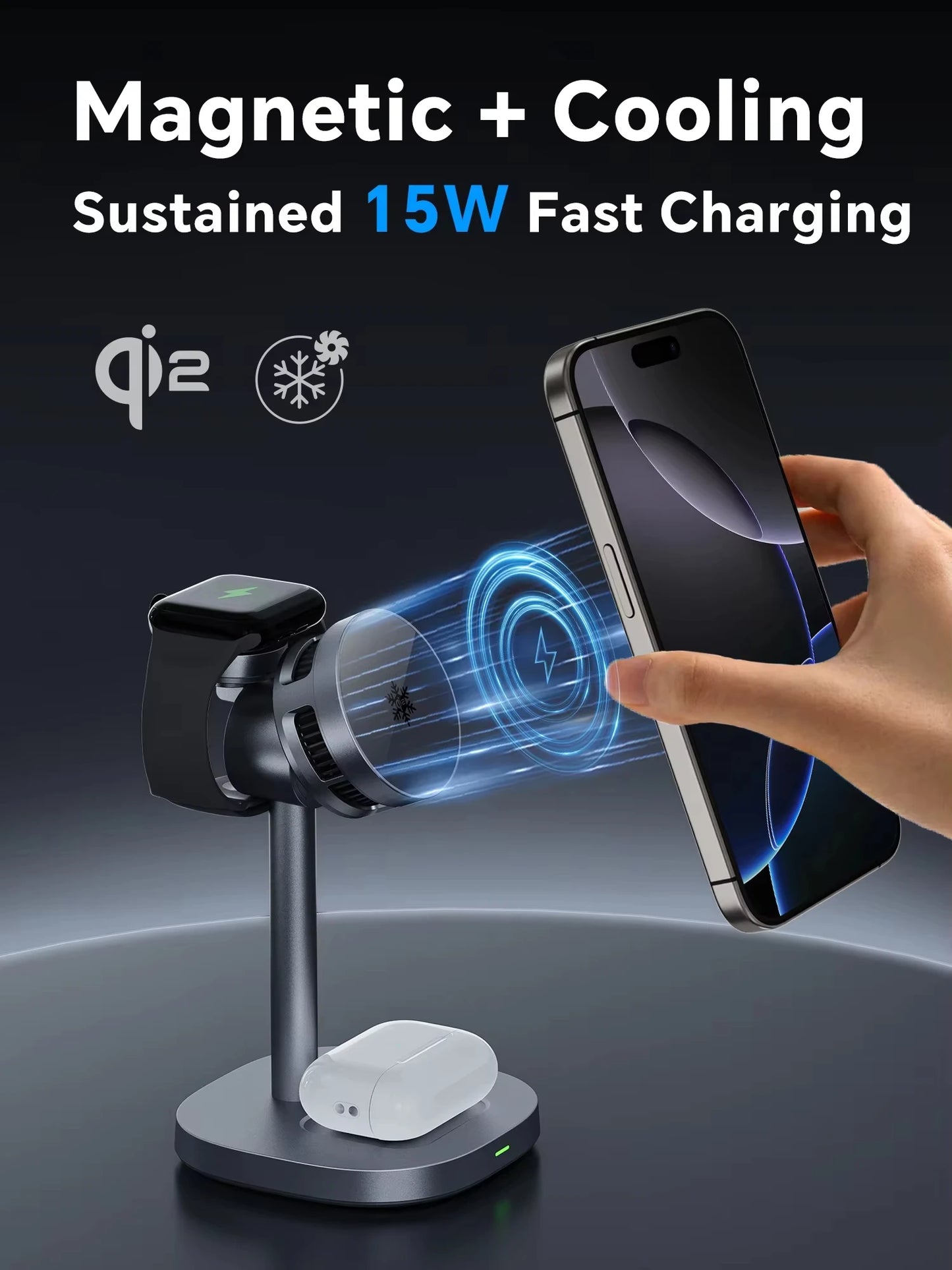Fast Cooling Wireless Charger, 3-in-1 High-speed QI2 15W Wireless Magnetic Charger, Suitable for IPhone, IWatch and Airpods