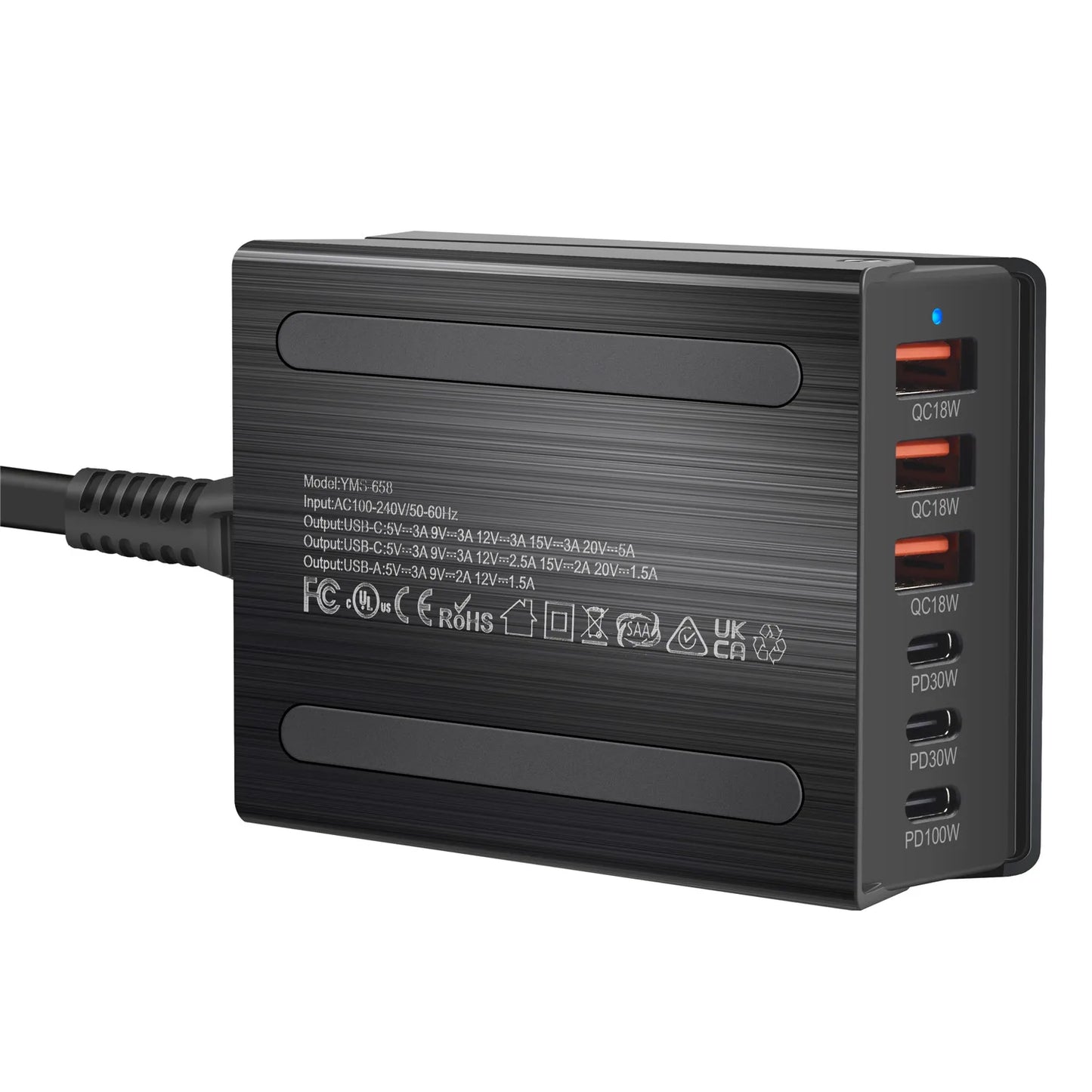 USB-C Fast Charning 200W 6-Port Charging Station Hub 3C3A PD Charger for Phones and Tablets, Portable Design