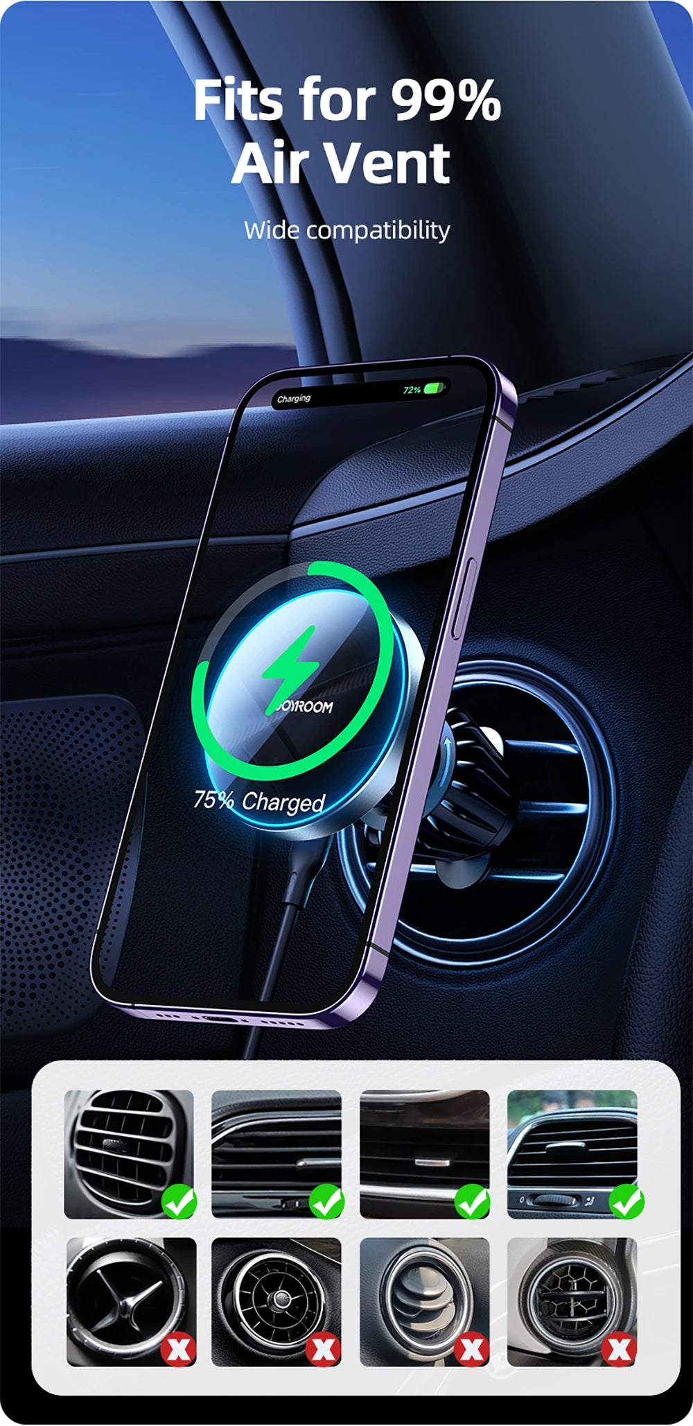 Joyroom Magnetic Car Phone Mount Wireless Fast Car Charger for iPhone Holder 15W Magnetic Car Phone Holder Mount Wireless