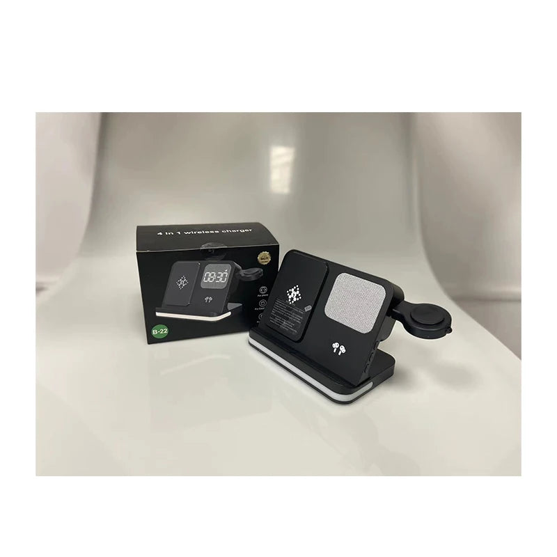 Mobile wireless charger, headphones, and watches can both be charged with clock function