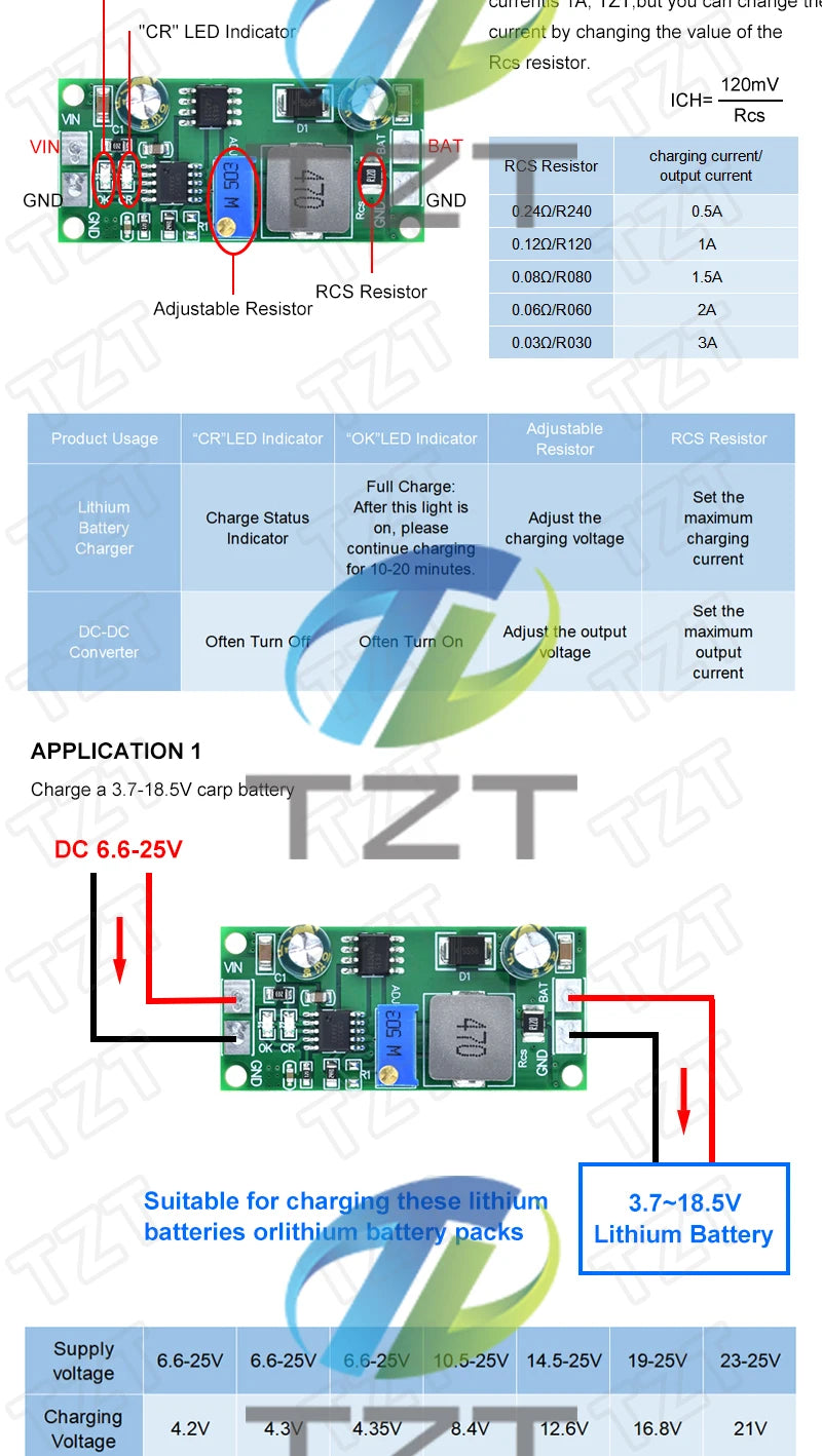 TZT DD28CRTA 1A 3.7-18.5V Charging Board For Lithium Batteries Or Lithium Battery Packs Battery Charger Module