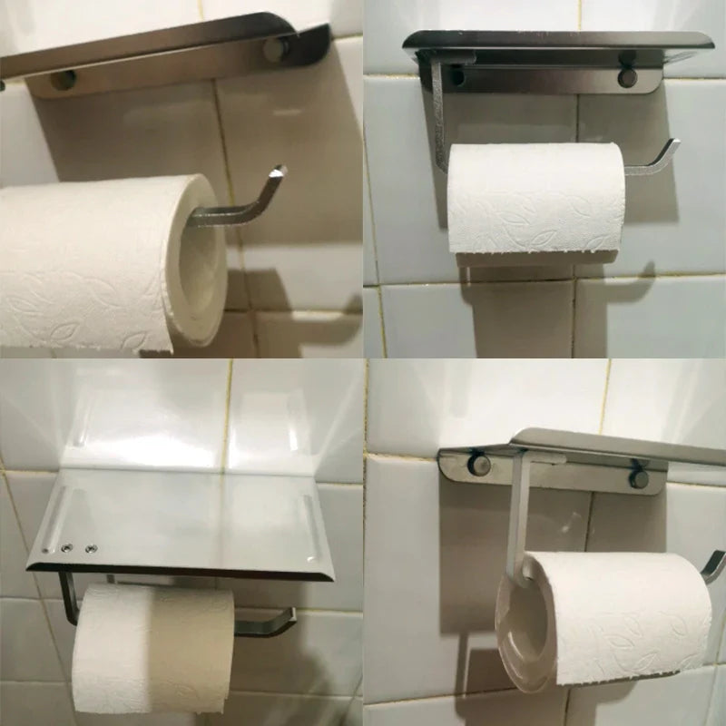 Aluminum Alloy Wall-Mounted Toilet Paper Holder with Shelf - Smallenterprised