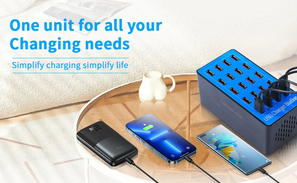 USB Charging Station 100W 20-Port Multi Device USB C Charger Features Charging Station for Multiple Devices Phone Watch Pad  A5+