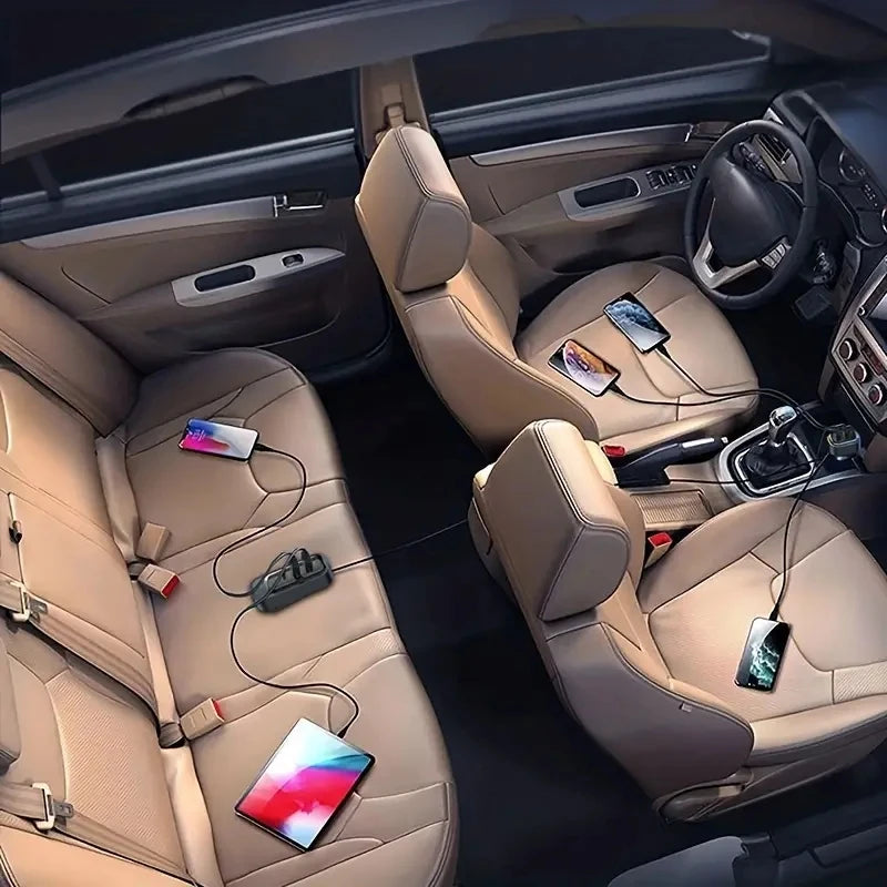 81W Fast Car Charger 6-Port Expansion Simultaneous Front and Rear Charging Type-C 2-USB 1.5m Extension Cable Anti-Slip Clamp