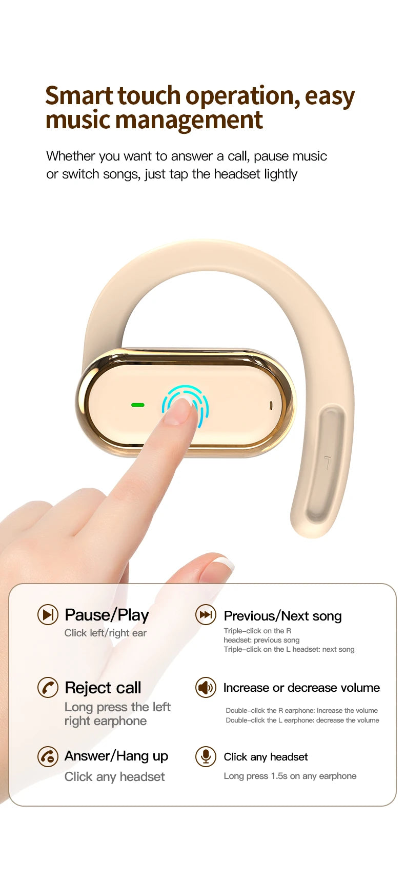 Bluetooth 5.4 Earphones Wireless Headphone Smart Adjustable Touch Sports Waterproof Earbuds Stereo Music Headset For Xiaomi