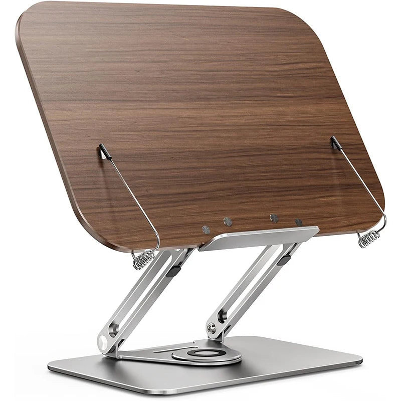 Desktop Book Stand for Reading with 360° Rotating Base Wooden Panel & Page Clips Foldable and Angle for Reading Book Holder