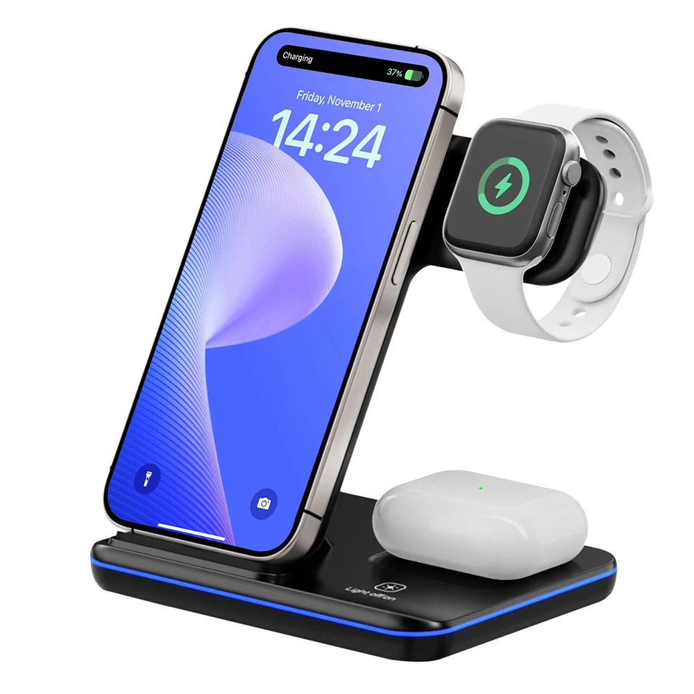 Wireless Charger Stand 3in1 Fast Charging With Led Lamp For iWatch 10 9 8 7 6 5 iPhone 16 15 14 13 12 11 X Airpods 4 3 Pro