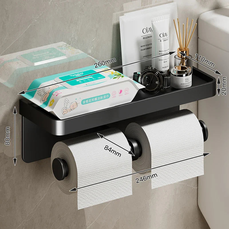 Aluminum Alloy Wall-Mounted Toilet Paper Holder with Shelf - Smallenterprised