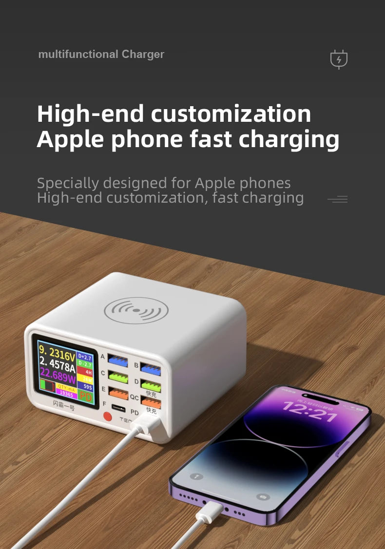 65W USB Type C Multi Function Charger Station Wireless Charing Fast 8 Ports PD QC3.0 Quick Charge Power Adapter for phone