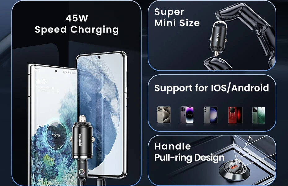 45W Dual USB A Type C Car Charger Metal Auto PD Charger Adapter Fast Charging USB C Charger For CellPhone in Car For iPhone 13