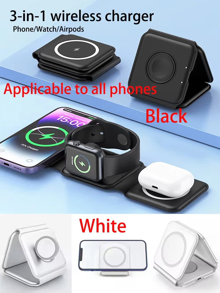 Wireless Charger 3 in 1 Charging Station for iPhone 15/14/13/12 Series Travel Charger for Multiple Devices for AirPods 3/2/Pro A