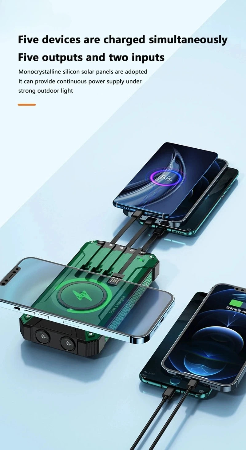 Solar Power Bank Wireless 200000mAh Large Capacity Fast Charging External Battery Outdoor Survival Emergency Equipment