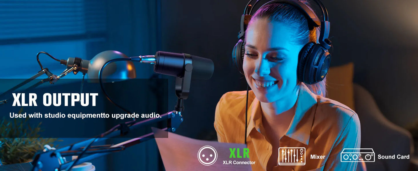 Dynamic Microphone for Podcasts Games Live Broadcast USB/XLR Touch Screen Control Sound Insulation Built-in Headset Output