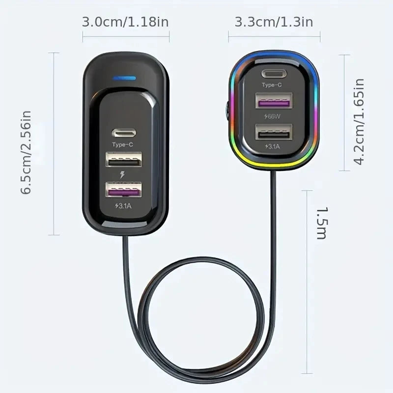 81W Fast Car Charger 6-Port Expansion Simultaneous Front and Rear Charging Type-C 2-USB 1.5m Extension Cable Anti-Slip Clamp