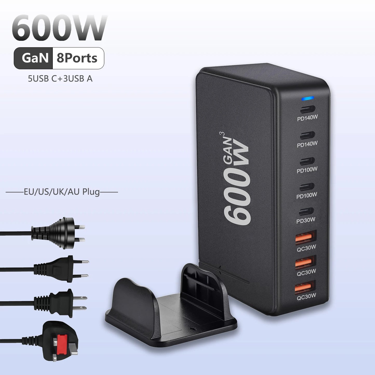 600W Desktop Charging Station USB C 8 Ports Fast Charger for Multiple Devices with 5 USB-C + 3 USB-A Chargers PD PPS 140 W