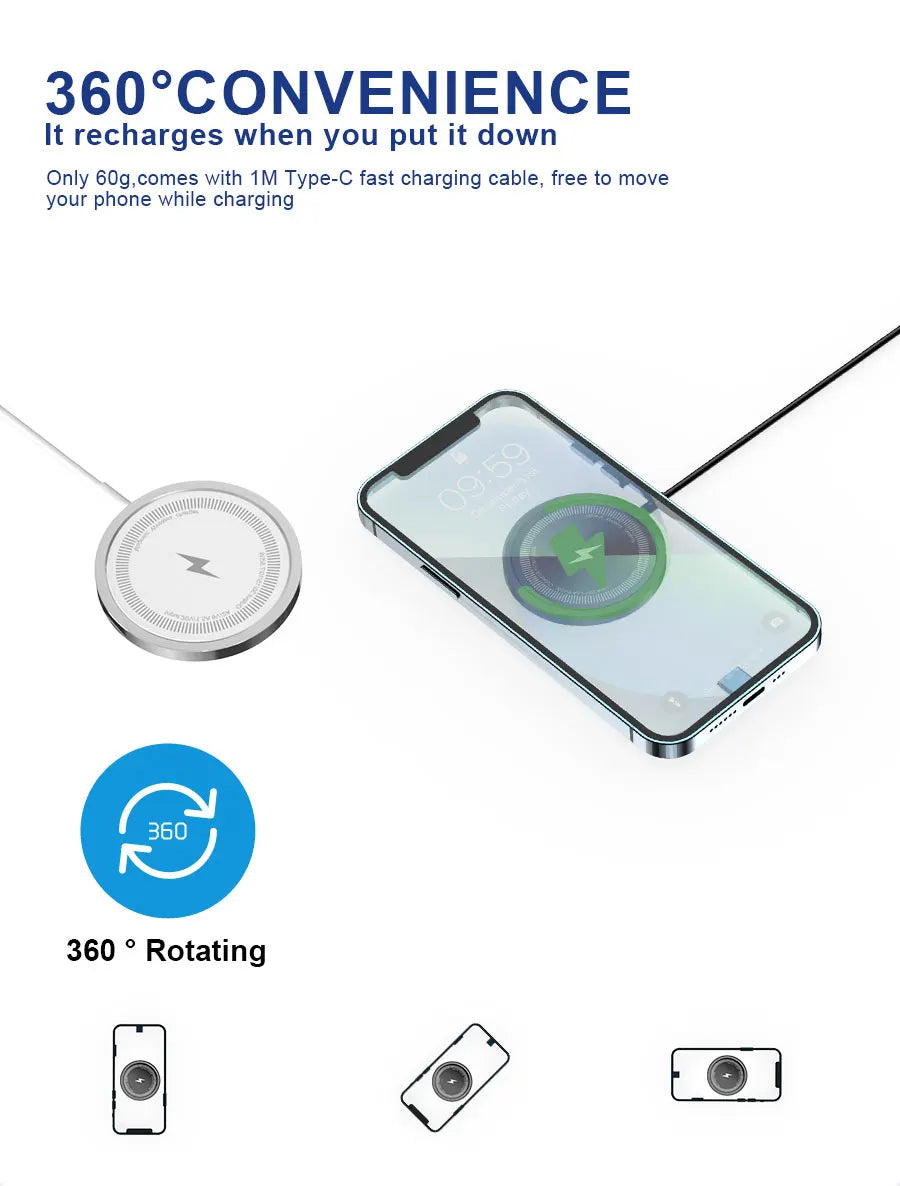 Wireless Charger 15W Compact And Convenient Black For Iphone 15/14/13/12/11/Pro/Max/Se 2020/Xs/Xr/X/8 Plus