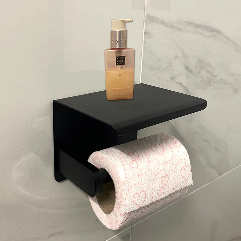 Aluminum Alloy Wall-Mounted Toilet Paper Holder with Shelf - Smallenterprised
