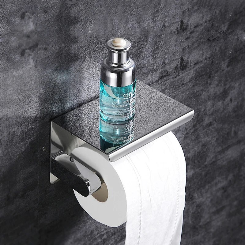 Aluminum Alloy Wall-Mounted Toilet Paper Holder with Shelf - Smallenterprised