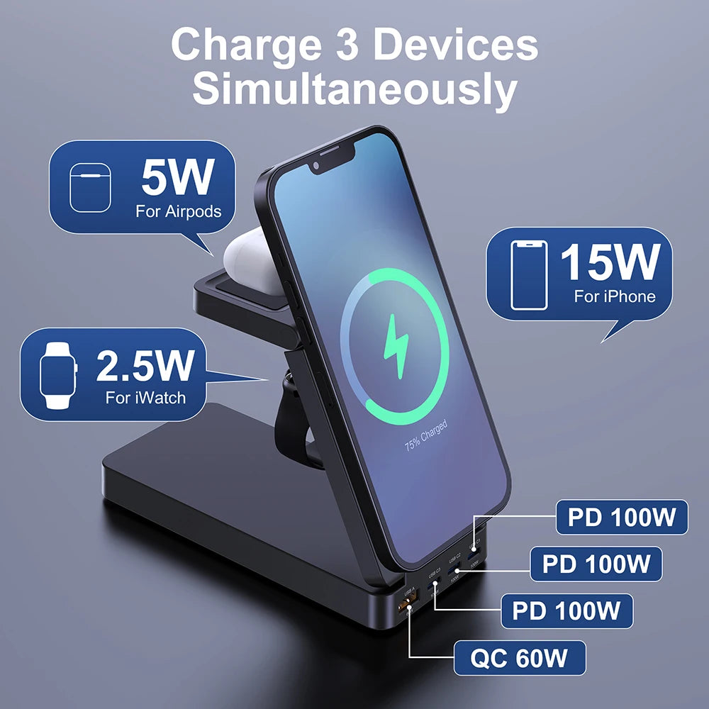 7-in-1 Charging Station 260W GaN Fast USB C Desktop Charger 15W Magnetic Wireless Charger for iPhone 16/15 Pro Max MacBook Pro