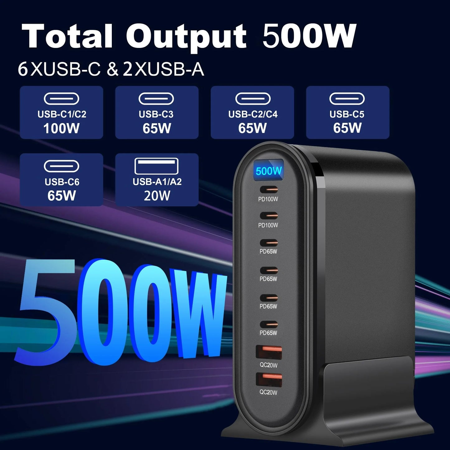 500W 8-Port Desktop Charger Station PD 100W and QC 20W Fast Charging Hub for Cellphones, for iphone, for MacBook LED Indicator
