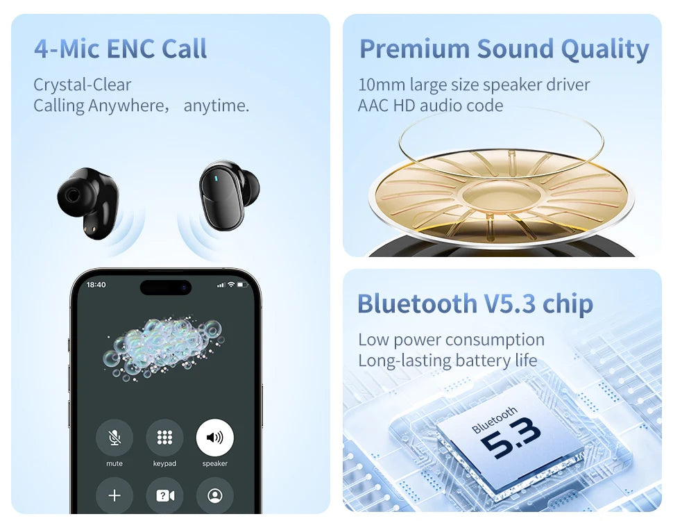 Bluetooth 5.3 Wireless Earbuds Touch Control AI ENC for Clear Calls,Customized EQ APP,Low Latency Game Mode,Long Playtime,type-c