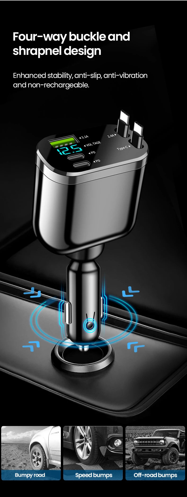 Elough Retractable Car Charger 5 in 1 Fast Charging Car Charger Retractable Cable 2 type c Ports Car Charger Adapter Compatible