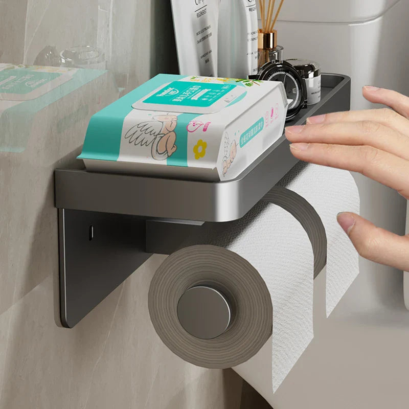 Aluminum Alloy Wall-Mounted Toilet Paper Holder with Shelf - Smallenterprised