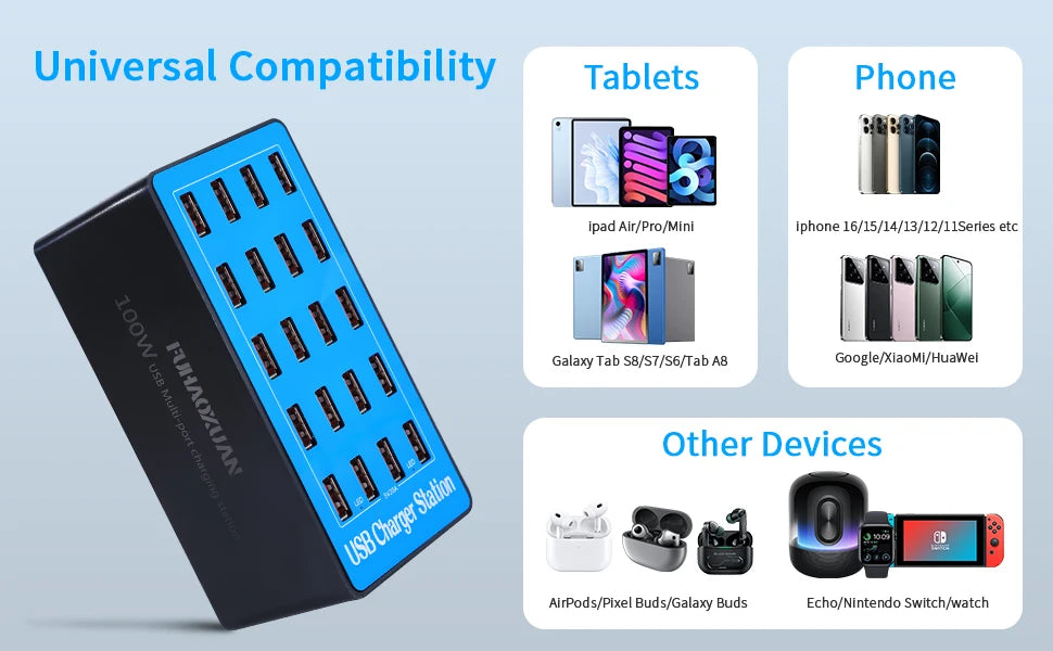 USB Charging Station 100W 20-Port Multi Device USB C Charger Features Charging Station for Multiple Devices Phone Watch Pad  A5+