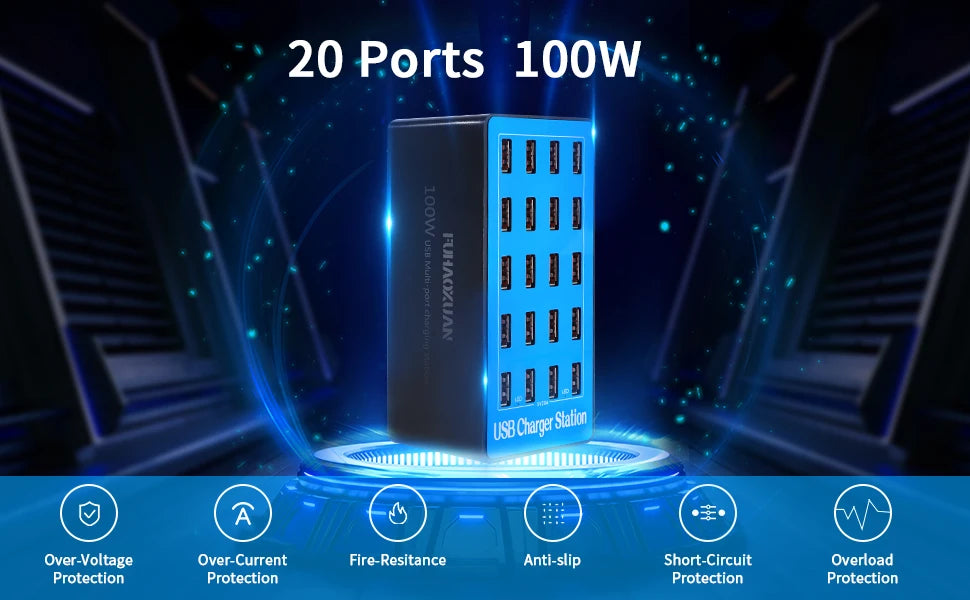 USB Charging Station 100W 20-Port Multi Device USB C Charger Features Charging Station for Multiple Devices Phone Watch Pad  A5+