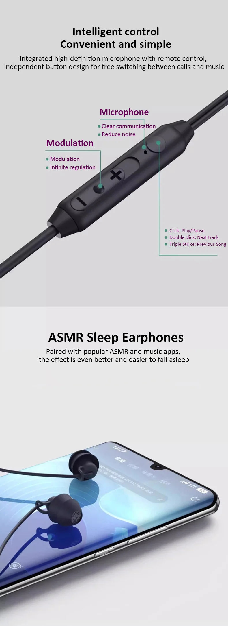 Wired Sleep Earphones 3.5mm-Pin In Ear Soft Headsets Noise Cancelling Wired Headphone with Mic Bass HiFi Stereo Silicone Earbuds