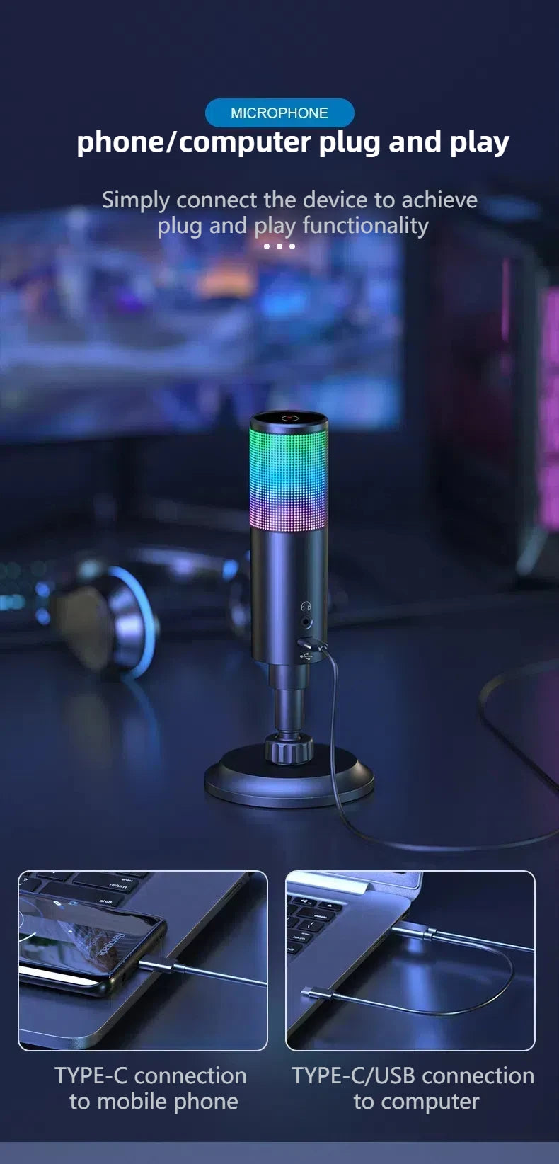 Gaming USB Microphone,Noise Cancellation Condenser mic,RGB Microphone with Mute,Gain,Monitoring,Boom Arm,Pop Filter for Phone,PC