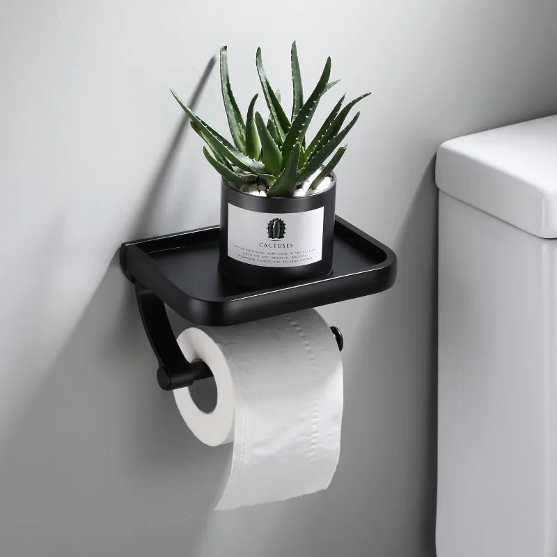 Aluminum Alloy Wall-Mounted Toilet Paper Holder with Shelf - Smallenterprised