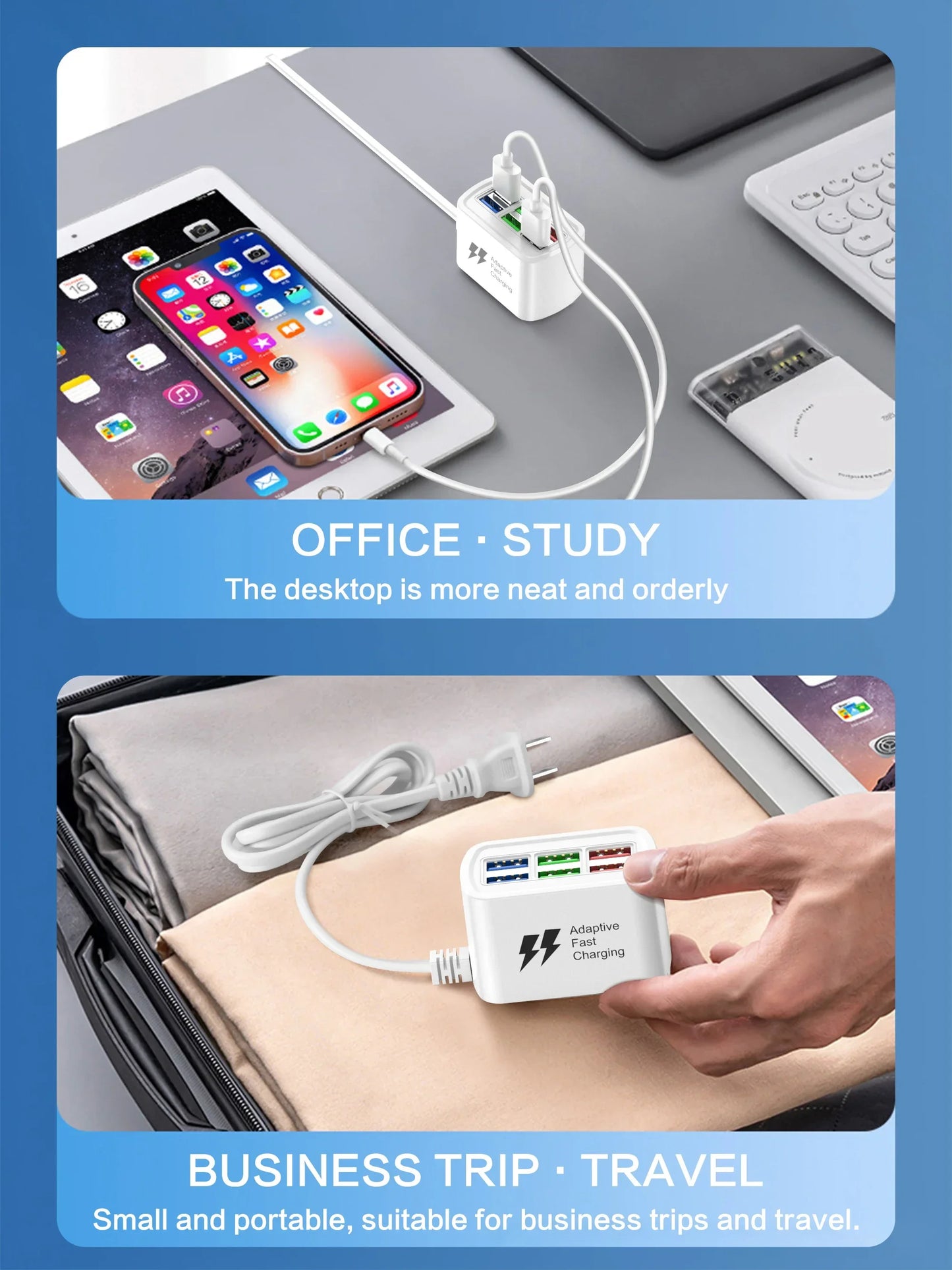 Fast USB Charger 6 in 1 Power Strip Desktop Charging Station Fast Charging 1m Cord USB HUB Adapter Socket for iPhone 16 Home