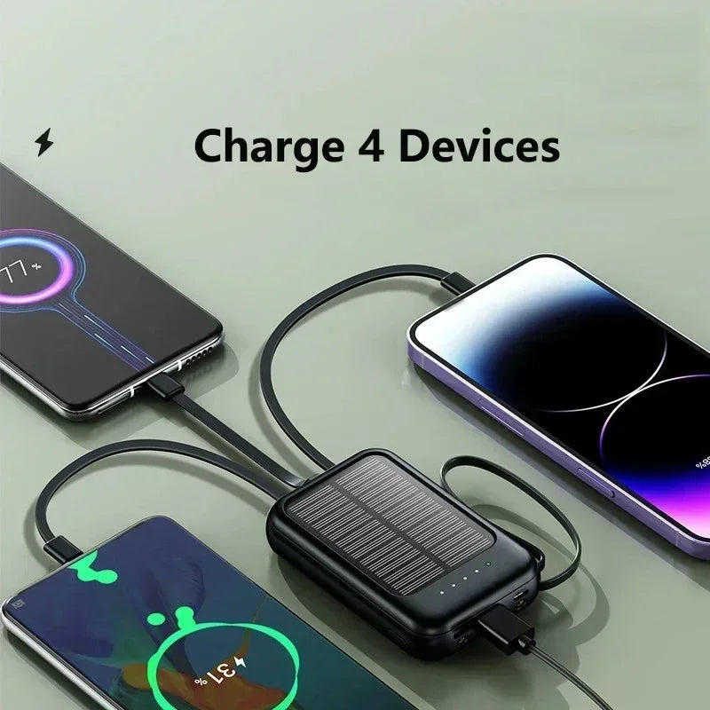 Solar Power Bank 20000mah Built-in Cable Solar Charger 2 USB Ports External Charger Power Bank with LED Light power bank New