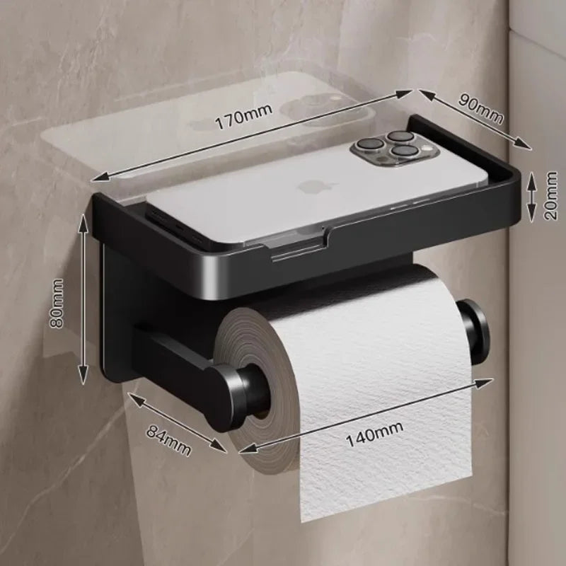 Aluminum Alloy Wall-Mounted Toilet Paper Holder with Shelf - Smallenterprised