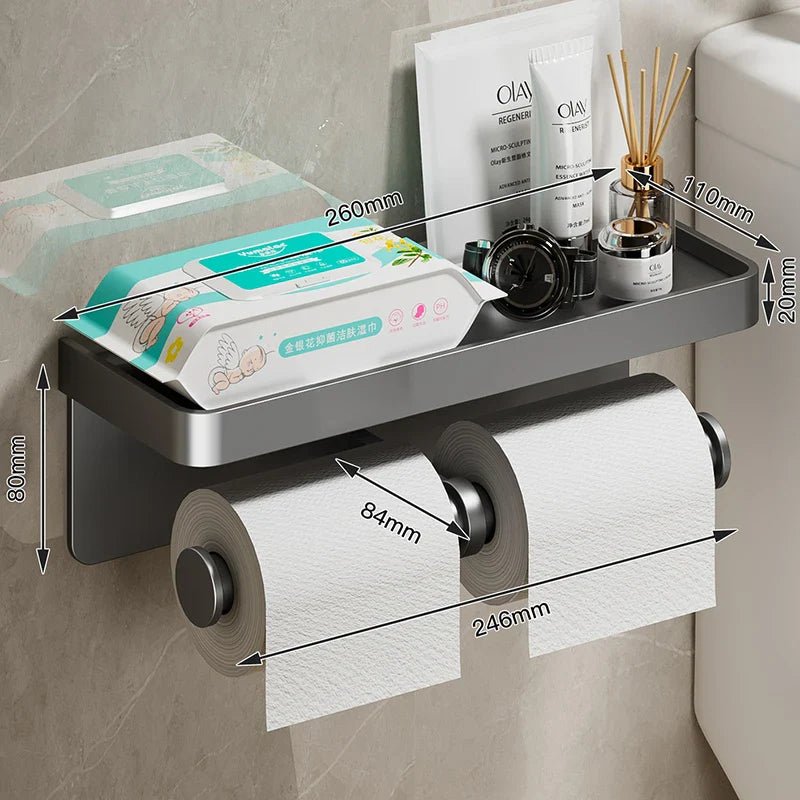 Aluminum Alloy Wall-Mounted Toilet Paper Holder with Shelf - Smallenterprised