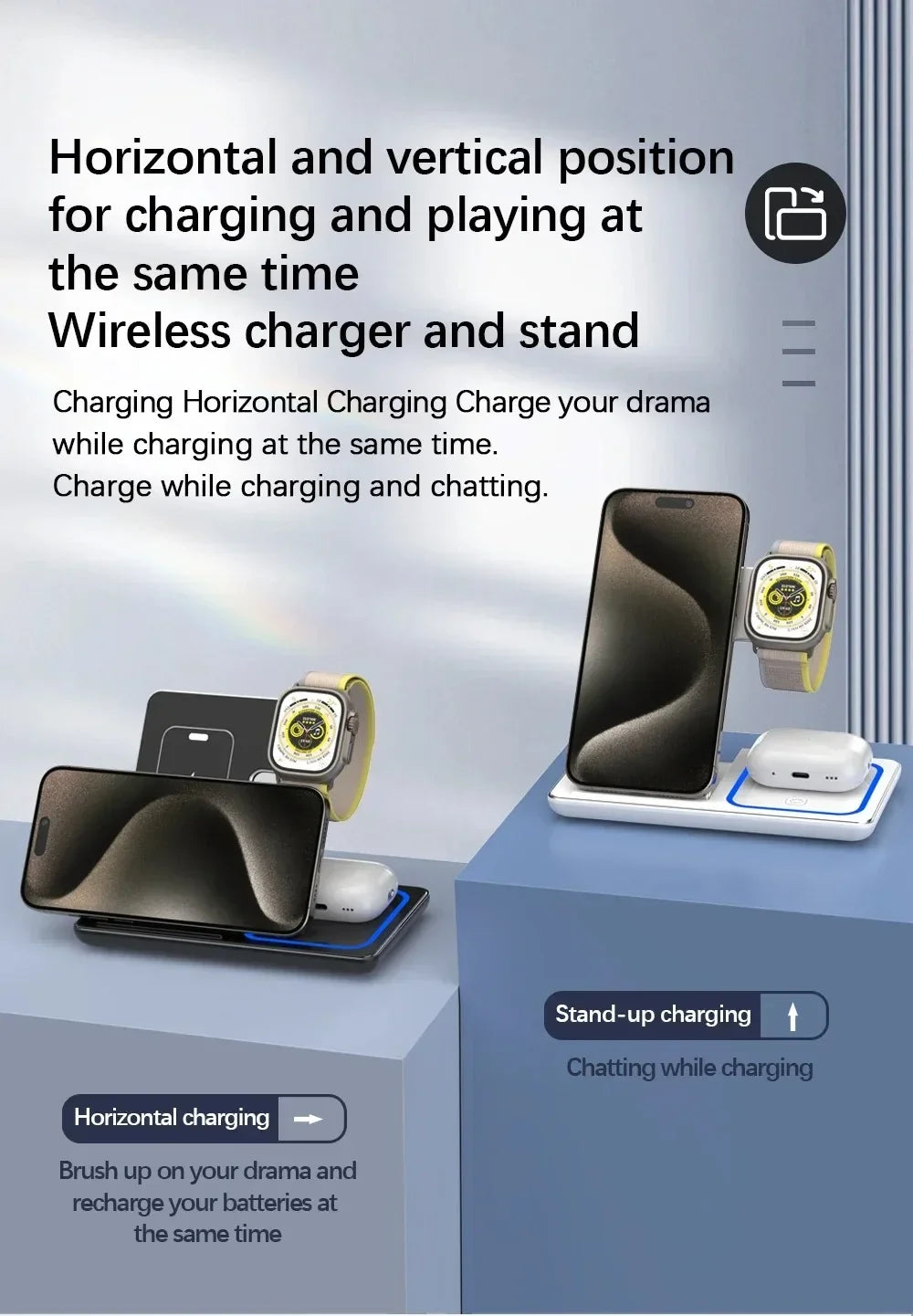Wireless Charger Stand 3 in 1 30W LED Foldable Wireless Charger For iPhone 16 15 Pro Max iWatch 8 7 Airpods Charge Dock Station