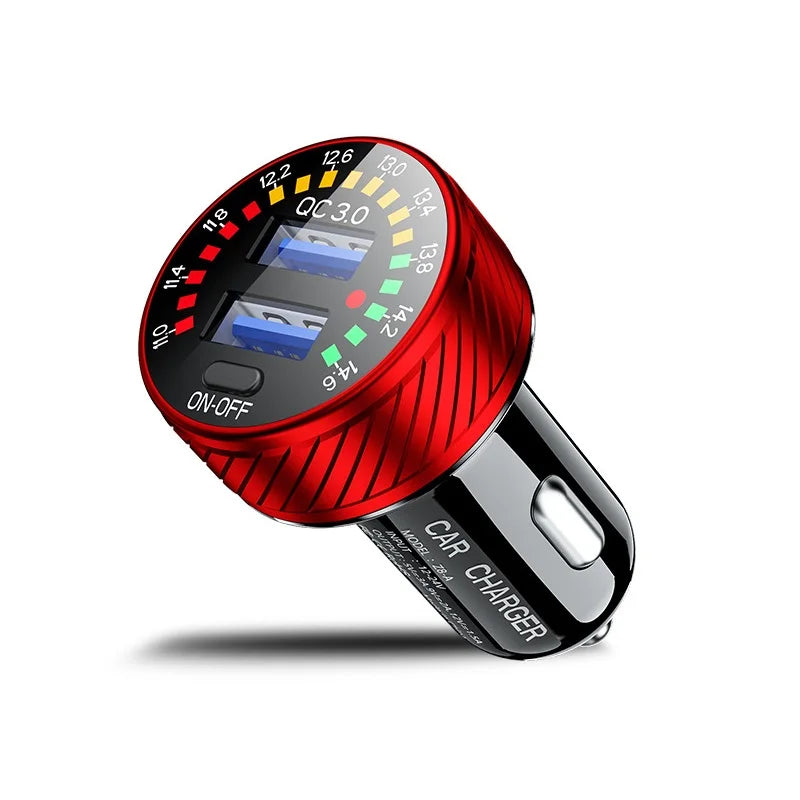 Car Charger 36W Fast Car Charger Adapter QC3.0 Dual USB Car Charger Fast Charge with Colorful Voltmeter ON/Off Switch For iPhone