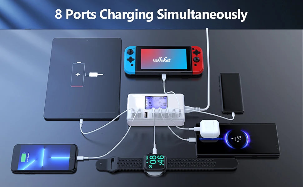 USB Charging Station 8-Ports 60W 12A Multi USB C Hub Charger with LCD Display for Cellphone  Tablet Multiple Devices iPhone 14 8